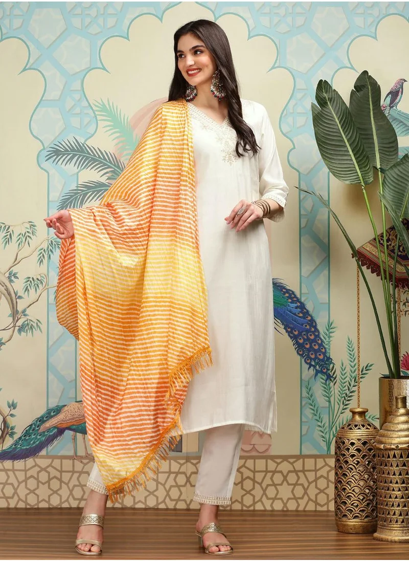 ISHIN White Kurta Set Straight Fit 3/4 Sleeve Sleeve made from Roman Silk featuring Self Design design and Round Neck neckline - Perfect for Ethinic!