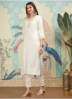 ISHIN White Kurta Set Straight Fit 3/4 Sleeve Sleeve made from Roman Silk featuring Self Design design and Round Neck neckline - Perfect for Ethinic!  - Image 5