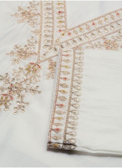 ISHIN White Kurta Set Straight Fit 3/4 Sleeve Sleeve made from Roman Silk featuring Self Design design and Round Neck neckline - Perfect for Ethinic!  - Image 3