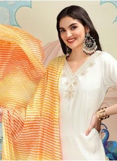 ISHIN White Kurta Set Straight Fit 3/4 Sleeve Sleeve made from Roman Silk featuring Self Design design and Round Neck neckline - Perfect for Ethinic!  - Image 2