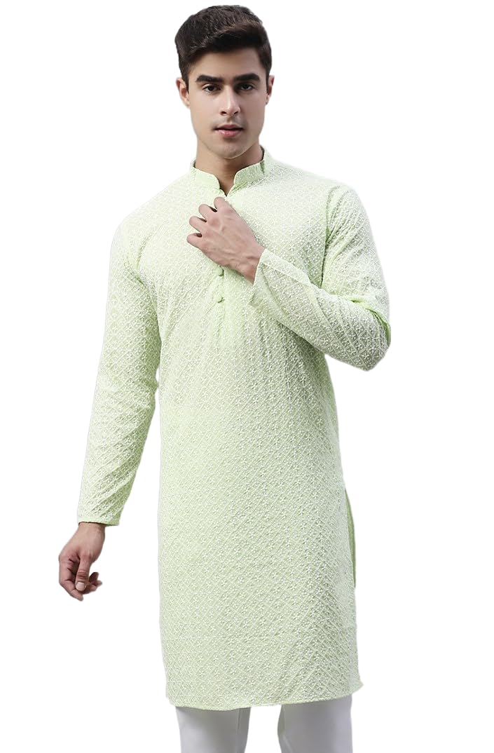Jompers Men's Floral Embroidered Kurtas (Green, XL) - Image 1