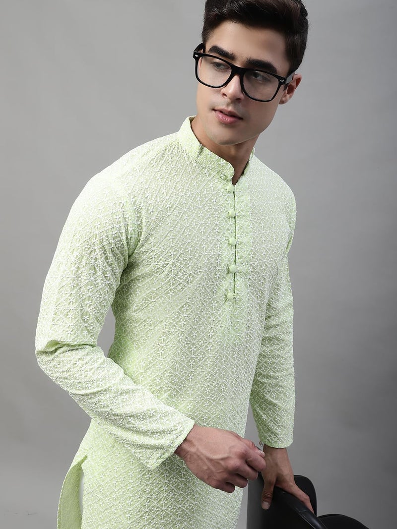 Jompers Men's Floral Embroidered Kurtas (Green, XL) - Image 4