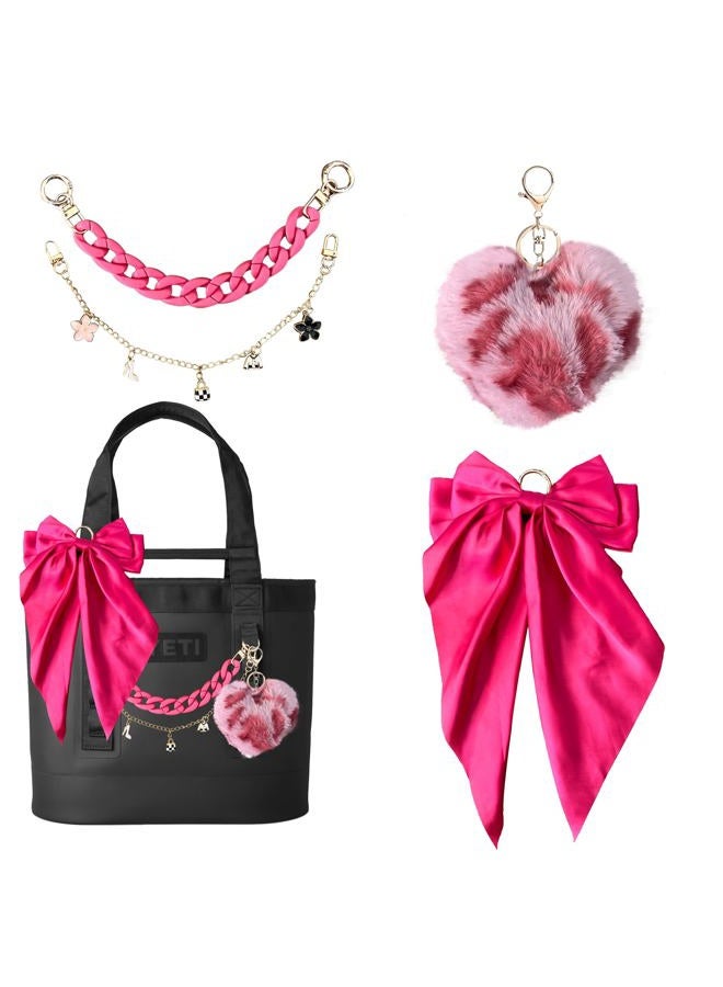 CuddleJunk Bag Charms for Tote Bags, Satin Bow Keychain Kit Accessories for Yeti Camino, Fluffy Ball Gold Chains Charms Compatible With Women Purse Beach Tote Bag (Rose) - Image 1
