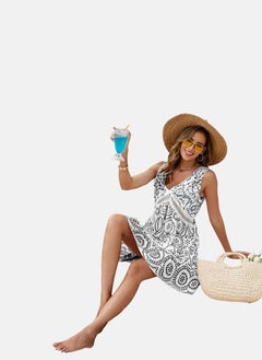 يونيكي White & Black V Neck Ethnic Motif Print A-Line Dress  - Image 1