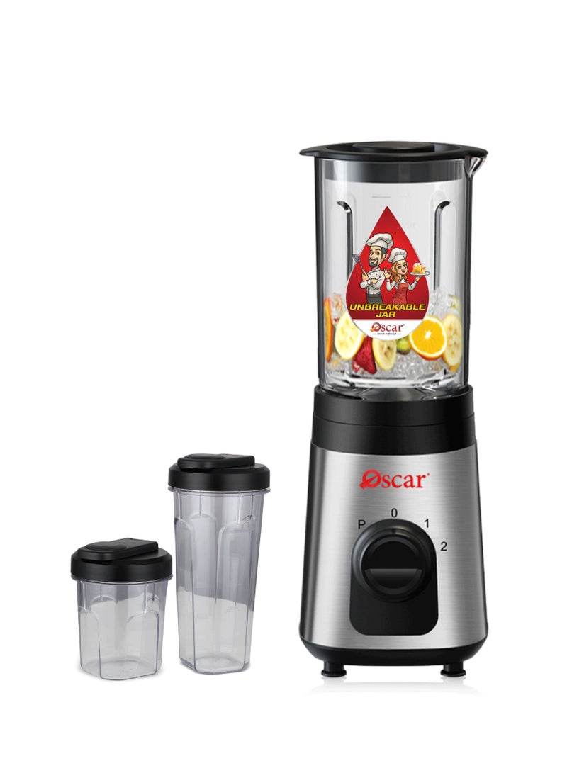 OSCAR Blender 300W with Travel Jar, 600ml Glass Jar, 600ml & 300ml Portable Bottles, 2 Speed with Pulse Control, Stainless Steel Body, Multi-Purpose Smoothie Maker – OB103D | 2 Year Warranty