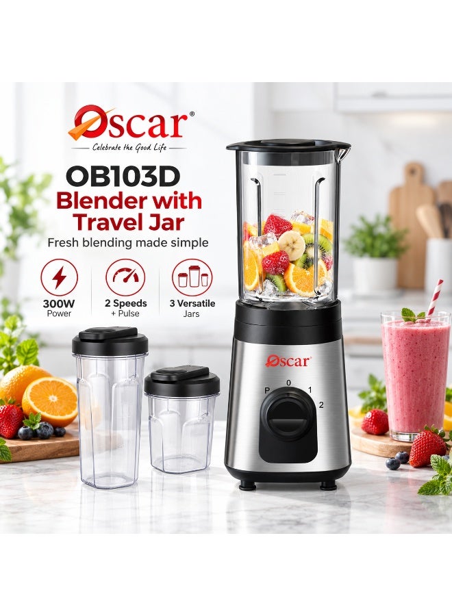 OSCAR Blender 300W with Travel Jar, 600ml Glass Jar, 600ml & 300ml Portable Bottles, 2 Speed with Pulse Control, Stainless Steel Body, Multi-Purpose Smoothie Maker – OB103D | 2 Year Warranty - Image 1