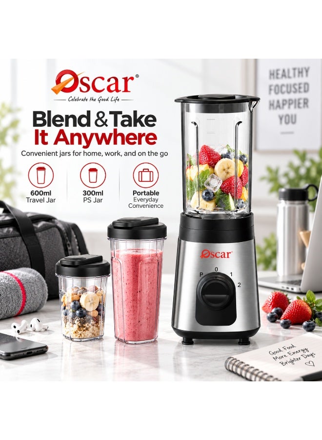 OSCAR Blender 300W with Travel Jar, 600ml Glass Jar, 600ml & 300ml Portable Bottles, 2 Speed with Pulse Control, Stainless Steel Body, Multi-Purpose Smoothie Maker – OB103D | 2 Year Warranty - Image 2