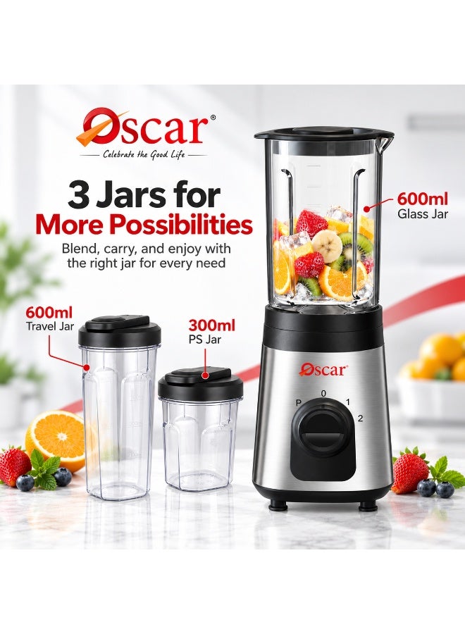 OSCAR Blender 300W with Travel Jar, 600ml Glass Jar, 600ml & 300ml Portable Bottles, 2 Speed with Pulse Control, Stainless Steel Body, Multi-Purpose Smoothie Maker – OB103D | 2 Year Warranty - Image 5