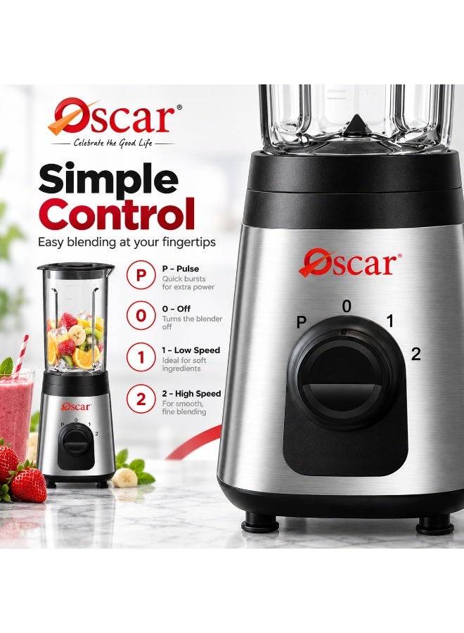 OSCAR Blender 300W with Travel Jar, 600ml Glass Jar, 600ml & 300ml Portable Bottles, 2 Speed with Pulse Control, Stainless Steel Body, Multi-Purpose Smoothie Maker – OB103D | 2 Year Warranty - Image 4