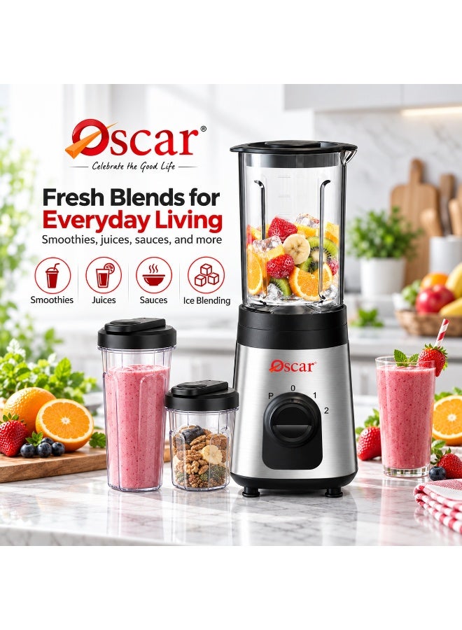 OSCAR Blender 300W with Travel Jar, 600ml Glass Jar, 600ml & 300ml Portable Bottles, 2 Speed with Pulse Control, Stainless Steel Body, Multi-Purpose Smoothie Maker – OB103D | 2 Year Warranty - Image 3