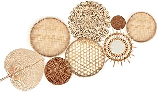 Unittype Unittype Wall Basket Decor Set of 8 Boho Wicker Wall Handmade Decor with Rattan Mirror Farmhouse Woven Wall Hanging  - Image 1