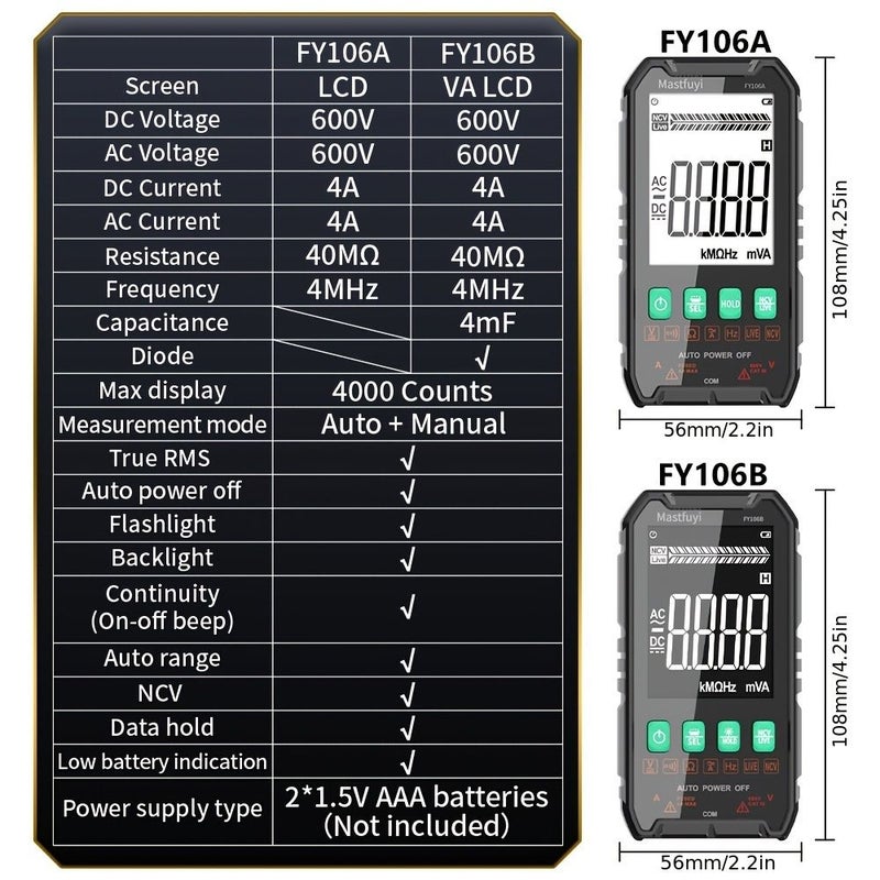 Model FY106A Multifunctional Digital Multimeter 4000 Counts DC AC Voltage Current Capacitance Frequency Diode Resistance Tester with Backlight - Image 4