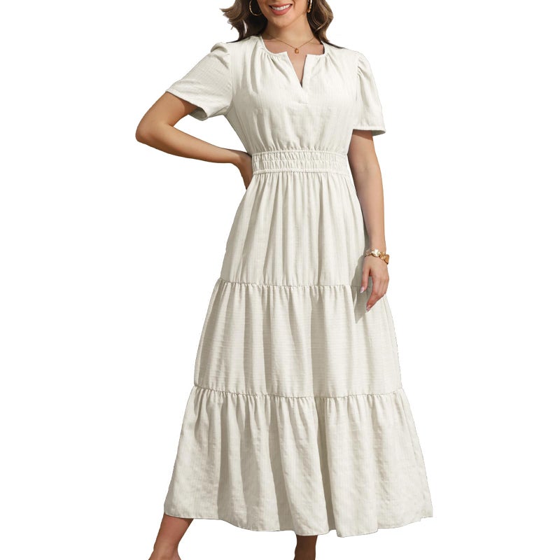 Rainday Womens Casual Maxi Dresses Fashion Holiday Short Sleeved Elastic Waist Beach Boho Dress with Pockets(Z3918WH,L) - Image 1