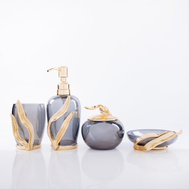 GiBOX GIBOX Elegant Smoky Gray Bathroom Accessories Set | Glass Set for Bathroom Table | Metal Floral Design, Set of Soap Dispenser, Swab Jar, Toothbrush Stand, Soap Tray - A Touch of Luxury  - Image 2