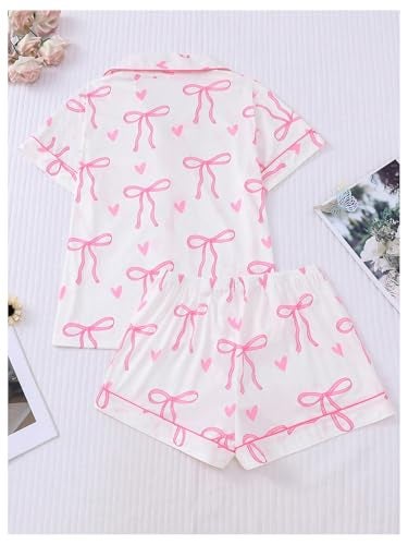WDIRARA Womens 2 Piece Bow Print Pajama Set Short Sleeve Button Down Lounge Shorts Sleepwear Sets White Pink Small - Image 3