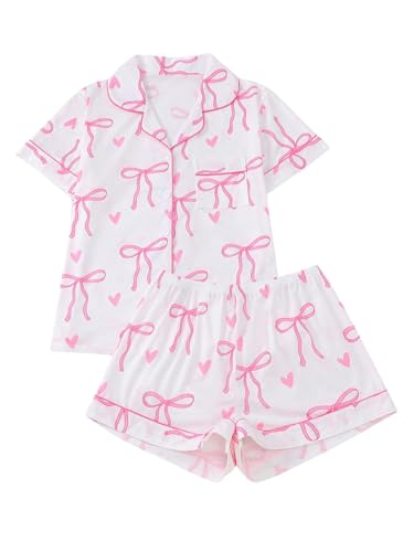 WDIRARA Womens 2 Piece Bow Print Pajama Set Short Sleeve Button Down Lounge Shorts Sleepwear Sets White Pink Small - Image 1