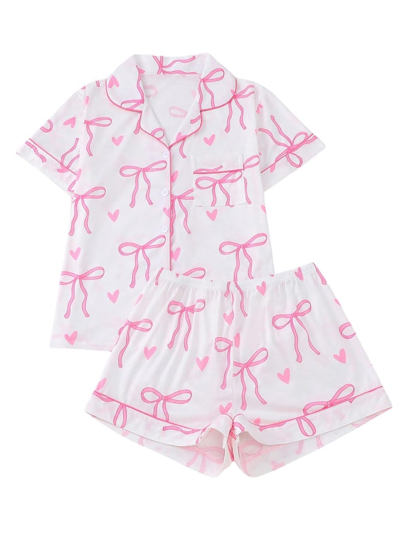 WDIRARA Womens 2 Piece Bow Print Pajama Set Short Sleeve Button Down Lounge Shorts Sleepwear Sets White Pink Small - Image 2