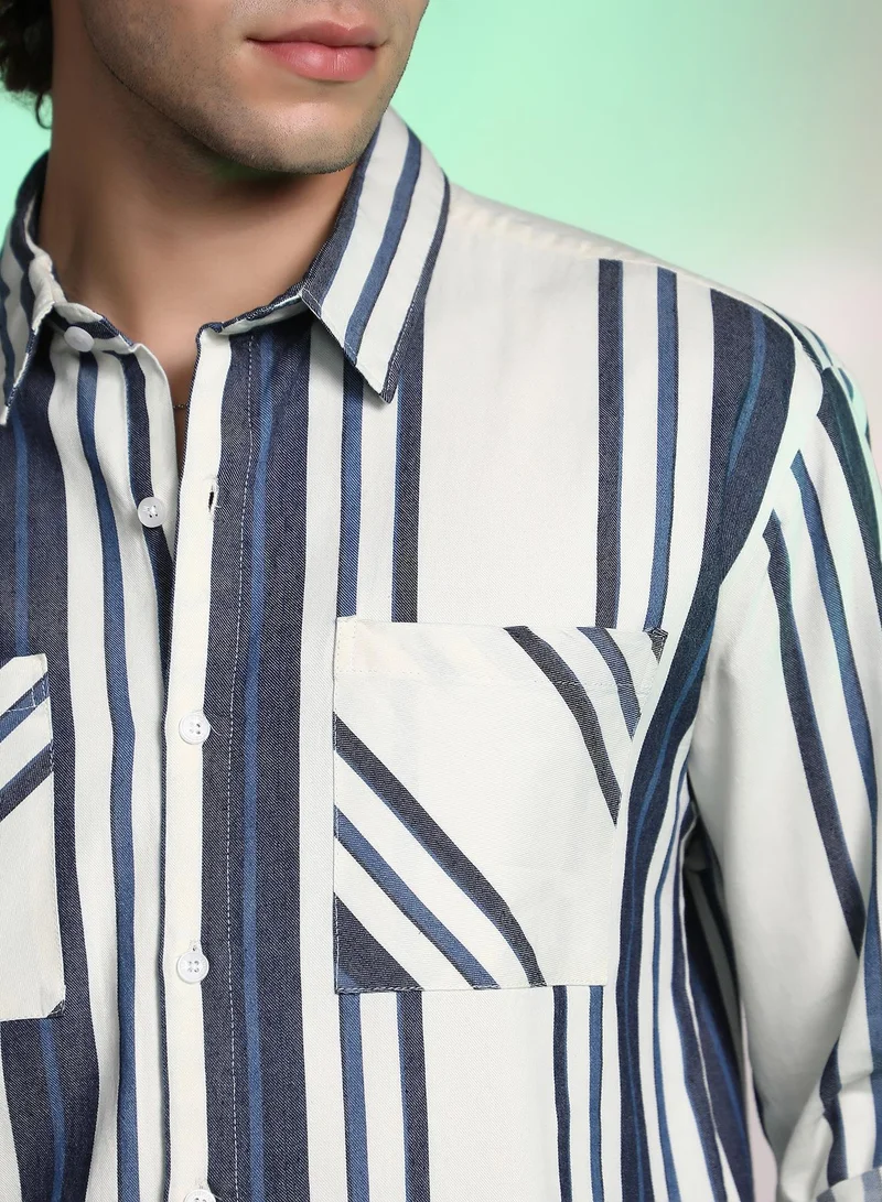 CAHOOT  Men's Navy Blue & Daisy White Multitrack Utility Oversized Shirt for Men | Best Price UAE