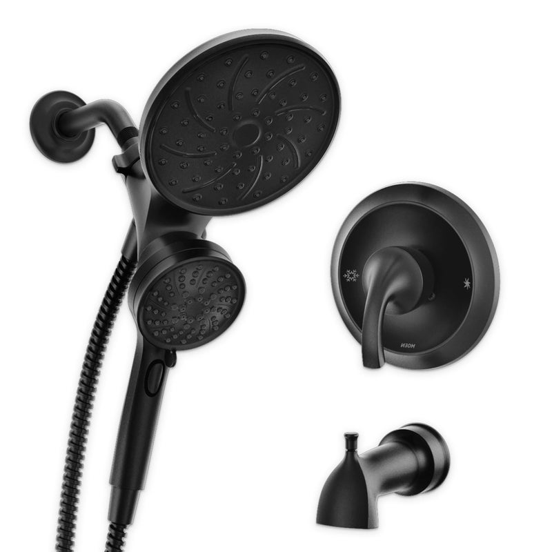Moen Engage Magnetix Matte Black MultiFunction Handshower and Rainfall Shower Head Trim Combo with Shower Handle Tub Spout Metal Hose and Valve 82304BL