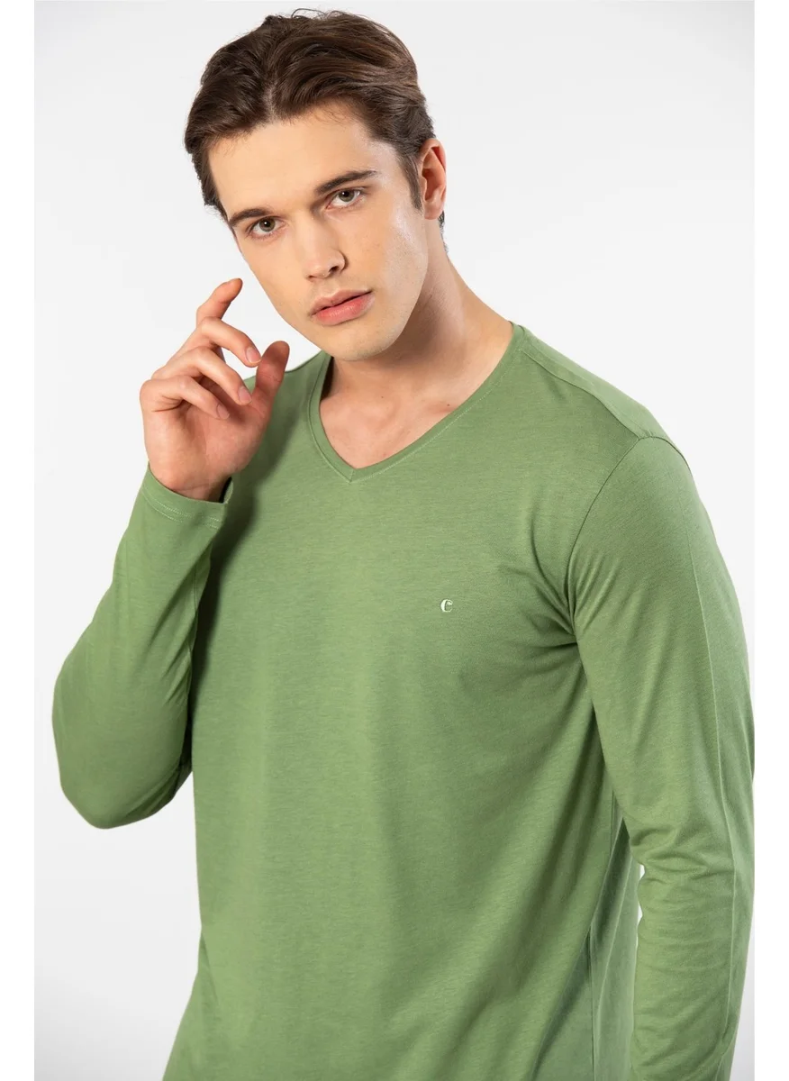 cacharel Men's V Neck Long Sleeve Pajama Set, 50% Modal, 50% Cotton Bottom Pajamas with Pocket