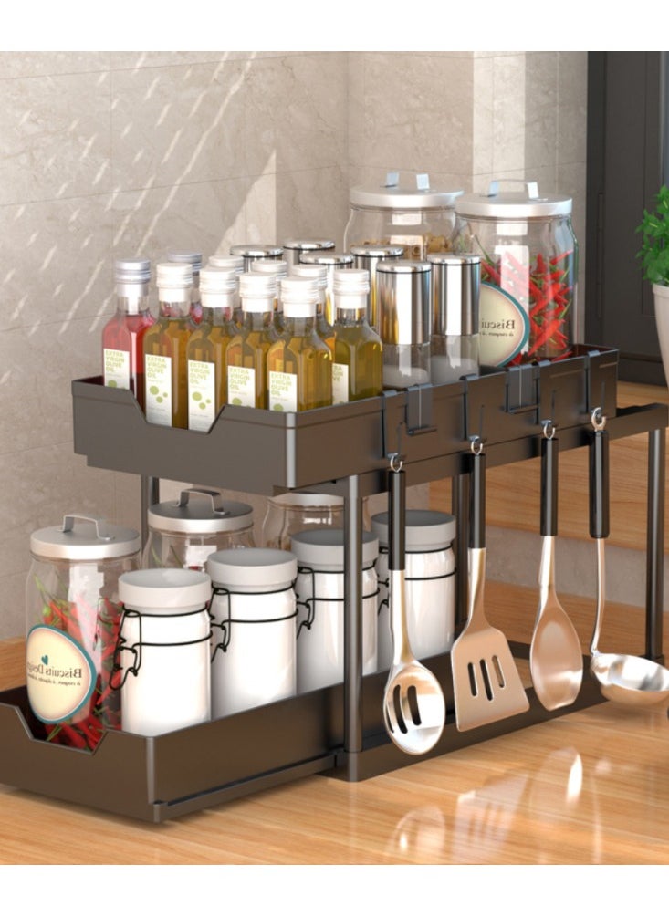 Oasisgalore - Under Sink Organizer with Sliding Drawer & 4 Hooks, for Kitchen/Bath Cabinet Storage - Image 1