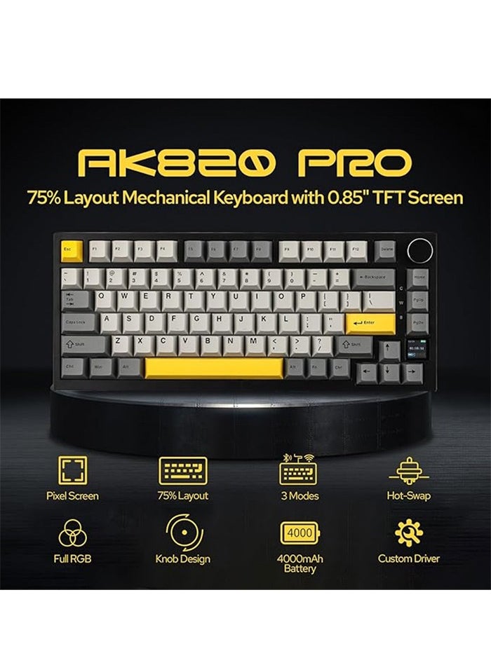 Ajazz - AK820 Pro Gaming Keyboard, 75% Gasket-mounted Mechanical Keyboard with TFT Screen, RGB Light, 3 Modes(Bluetooth 5.1/2.4G Wireless & Type-C Wired), Sound Dampening Foams (BlackGrey, Ajazz Flying Fish Switch) - Image 1