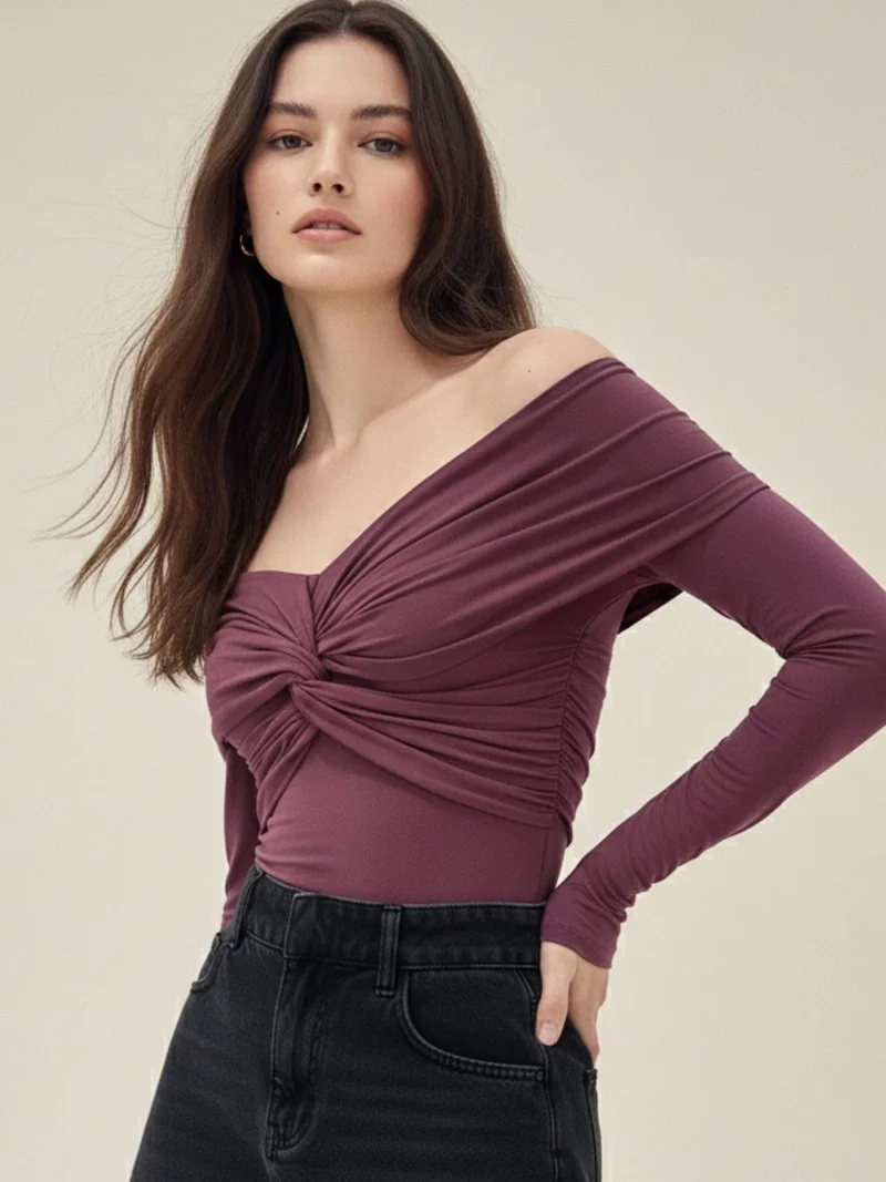 أوجيدر Wine Off-Shoulder Twisted Knot Detailed Top