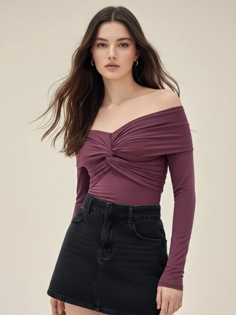 أوجيدر Wine Off-Shoulder Twisted Knot Detailed Top