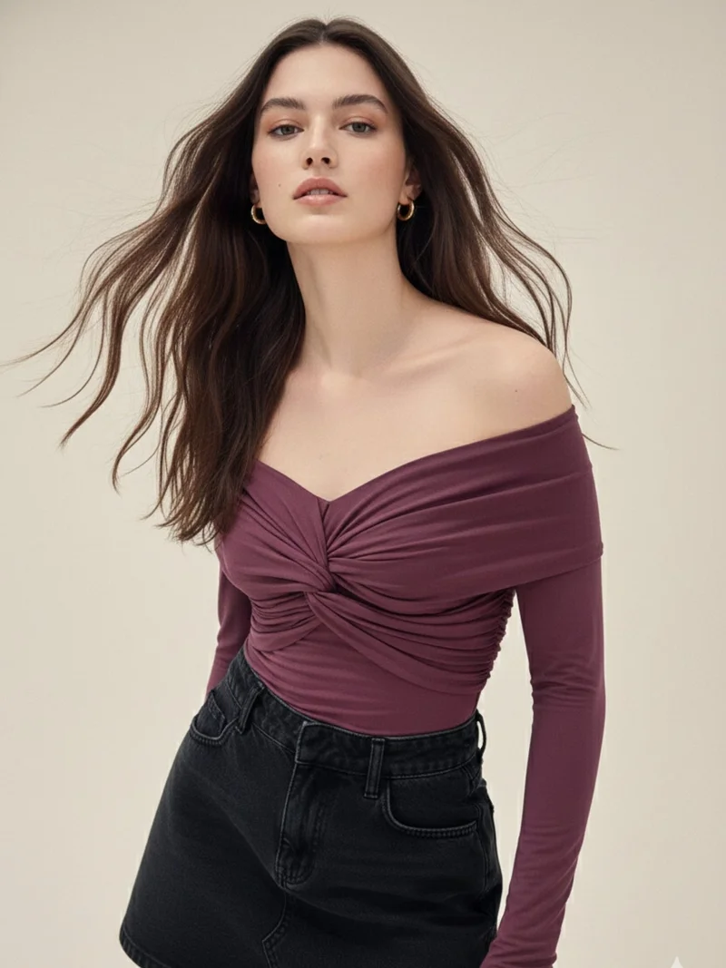 Outzidr  Wine Off-Shoulder Twisted Knot Detailed Top  | Best Price UAE
