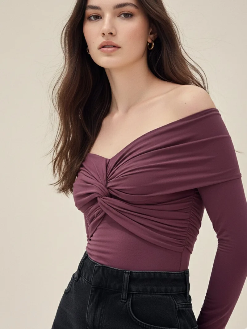 Outzidr  Wine Off-Shoulder Twisted Knot Detailed Top  | Best Price UAE