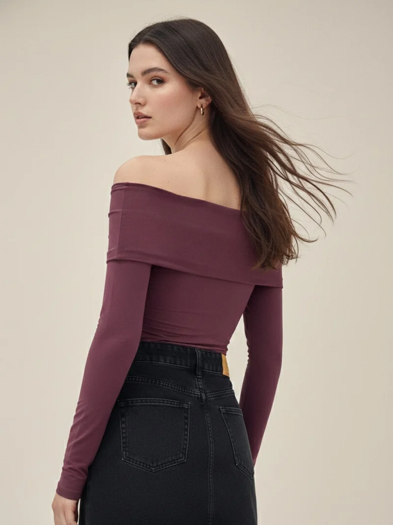 Outzidr  Wine Off-Shoulder Twisted Knot Detailed Top  | Best Price UAE