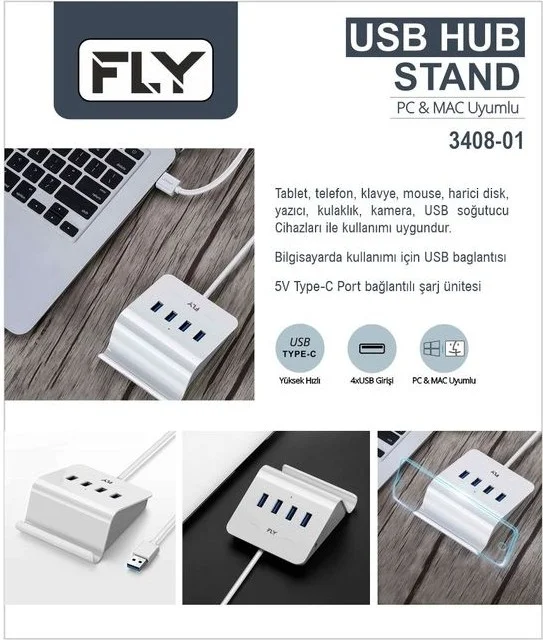 Fly 3408-01 4 USB Charging Stand with Type-C Tips, PC and Mac Compatible