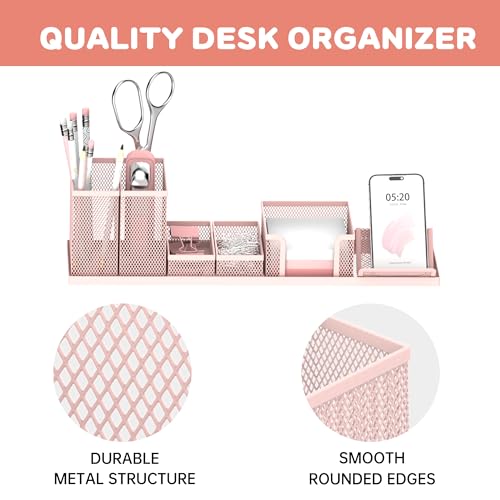SUPEASY Pen Holder for Desk, 6 Piece Mesh Desk Organizer set for Office Organization with Mail Organizer, Letter Phone Holder, Sticky Notes Caddy Storage, Pink - Image 4