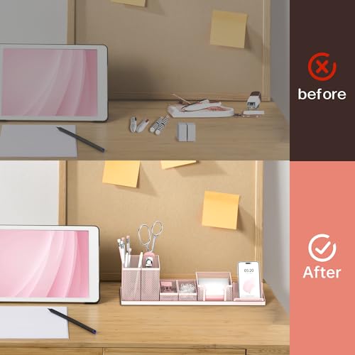 SUPEASY Pen Holder for Desk, 6 Piece Mesh Desk Organizer set for Office Organization with Mail Organizer, Letter Phone Holder, Sticky Notes Caddy Storage, Pink - Image 5