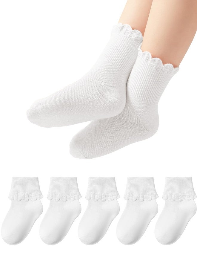 Funjoon Toddler Girls Baby Ruffle Socks Cute Cotton White Turn Cuff Frilly Dress Little Girls Socks 12M-6Y, white 2-4Y - Image 1
