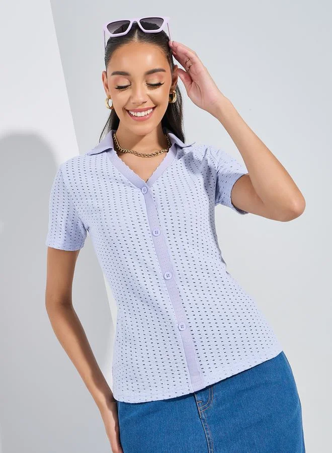 ستايلي Pointelle Knit Shirt with Scallop Detail