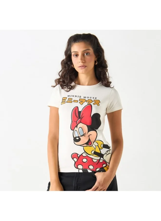 SP Characters Minnie Mouse Print T-shirt with Short Sleeves and Crew Neck