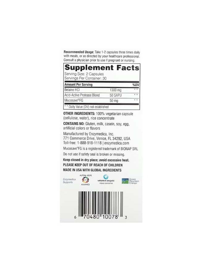 ENZYMEDICA - Fast Acting Betaine HCl 60 Capsules - Image 1