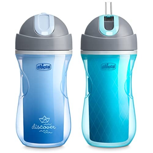 Chicco Insulated Straw Sippy Cup 12 Months 9oz Toddler Training Cup with SpillFree FlipTop Lid BPAFree 2Pack Blue DiscoverTeal - Image 1
