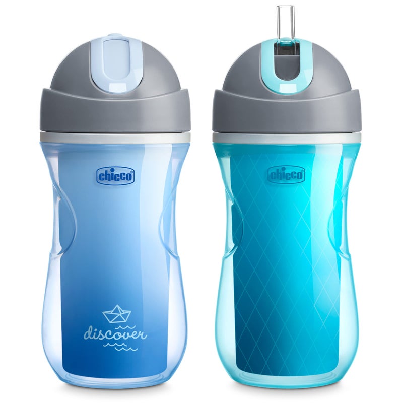 Chicco Insulated Straw Sippy Cup 12 Months 9oz Toddler Training Cup with SpillFree FlipTop Lid BPAFree 2Pack Blue DiscoverTeal - Image 2