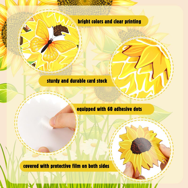 Janlaugh 72 Pcs Sunflower Bulletin Board Decorations with Paper Fans Summer Butterflies Flowers Classroom Bulletin Board Set Sunflower Cutouts for Classroom Office Window Wall Back to School Decor - Image 4