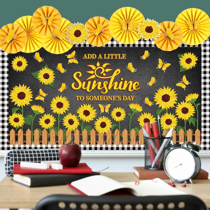 Janlaugh 72 Pcs Sunflower Bulletin Board Decorations with Paper Fans Summer Butterflies Flowers Classroom Bulletin Board Set Sunflower Cutouts for Classroom Office Window Wall Back to School Decor - Image 5