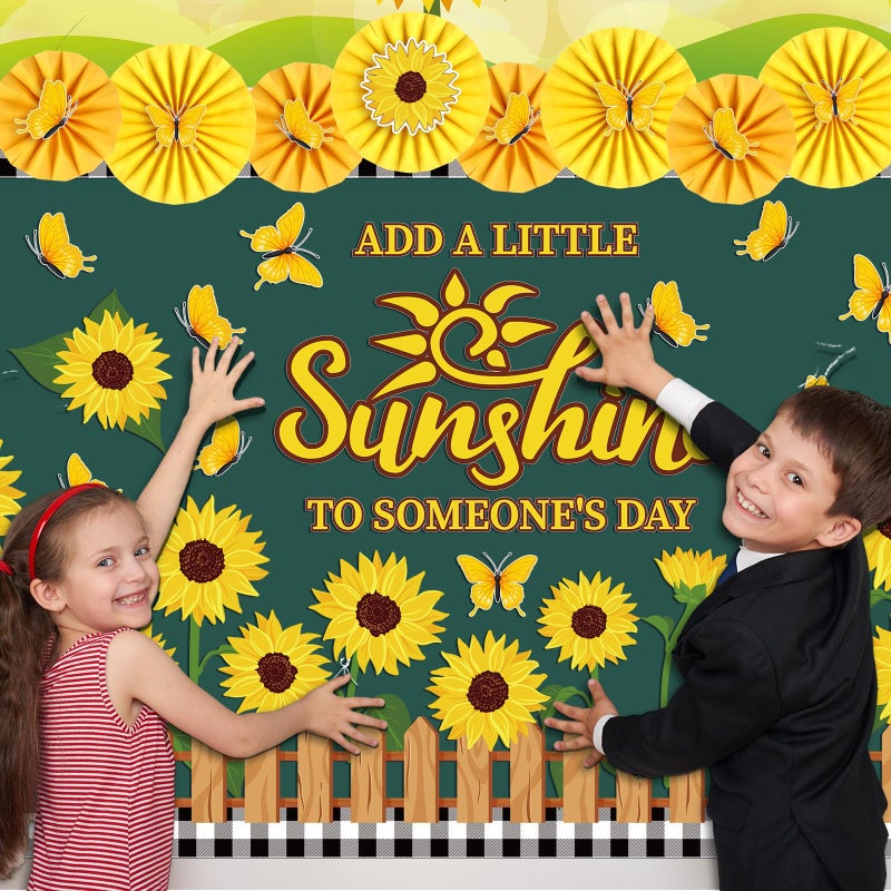 Janlaugh 72 Pcs Sunflower Bulletin Board Decorations with Paper Fans Summer Butterflies Flowers Classroom Bulletin Board Set Sunflower Cutouts for Classroom Office Window Wall Back to School Decor - Image 2