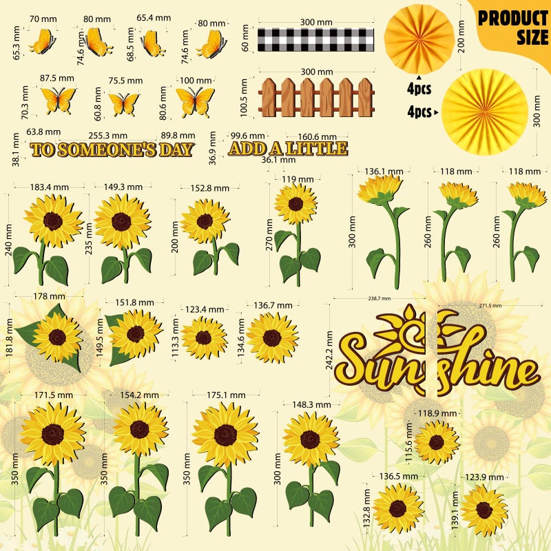 Janlaugh 72 Pcs Sunflower Bulletin Board Decorations with Paper Fans Summer Butterflies Flowers Classroom Bulletin Board Set Sunflower Cutouts for Classroom Office Window Wall Back to School Decor - Image 3