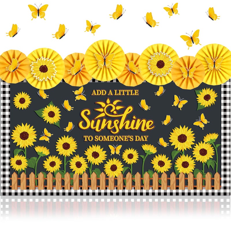 Janlaugh 72 Pcs Sunflower Bulletin Board Decorations with Paper Fans Summer Butterflies Flowers Classroom Bulletin Board Set Sunflower Cutouts for Classroom Office Window Wall Back to School Decor - Image 1