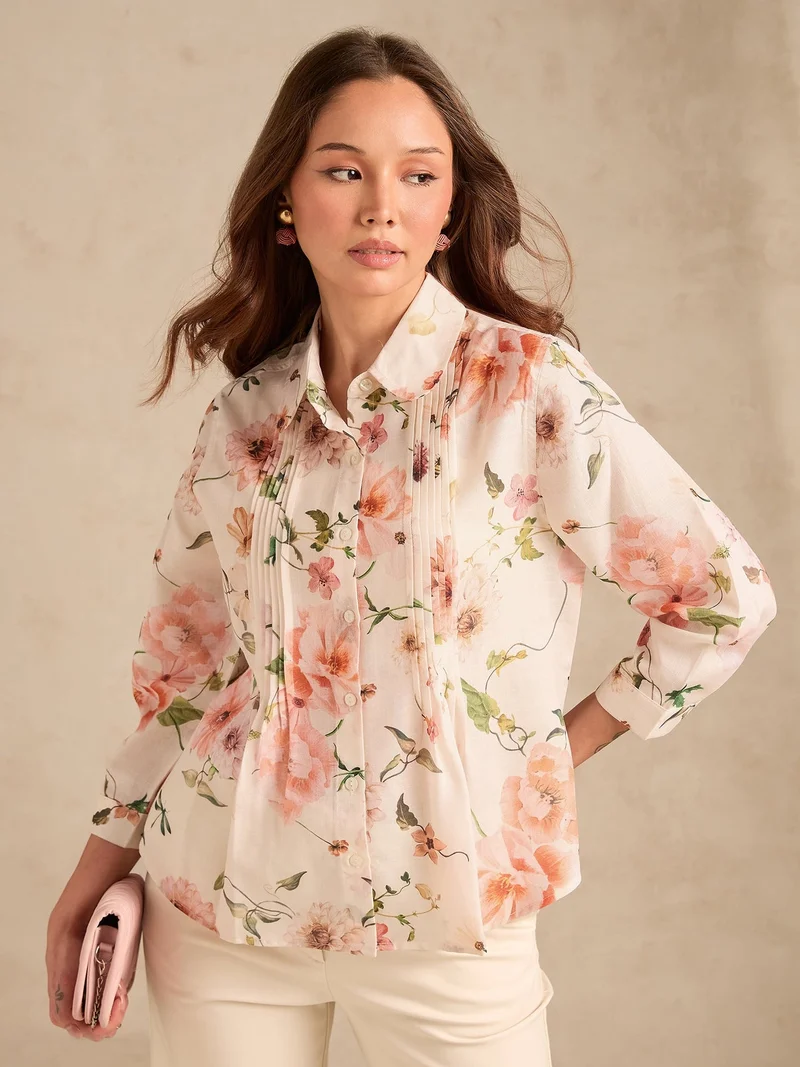 Outzidr  Off-White Regular Fit Printed Shirt with Pintuck Details for Women | Best Price UAE
