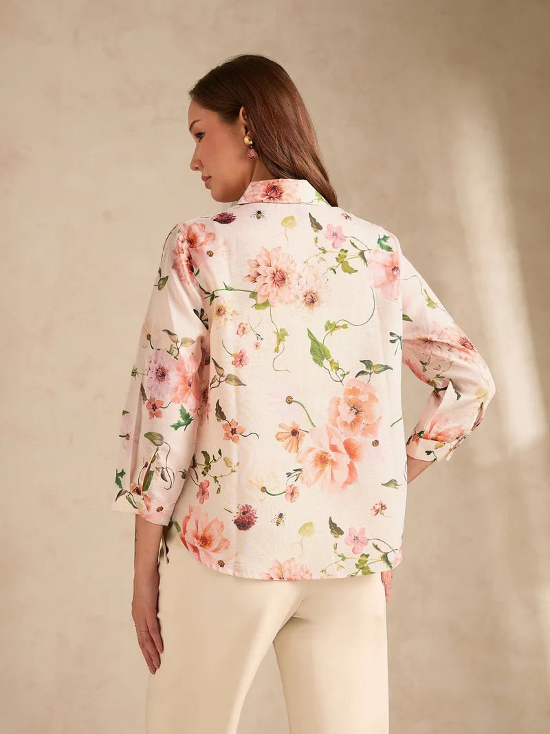 Outzidr  Off-White Regular Fit Printed Shirt with Pintuck Details for Women | Best Price UAE