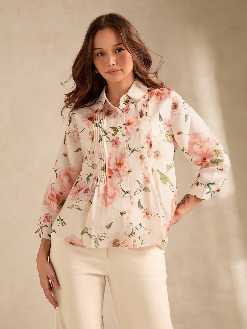 Outzidr  Off-White Regular Fit Printed Shirt with Pintuck Details for Women | Best Price UAE