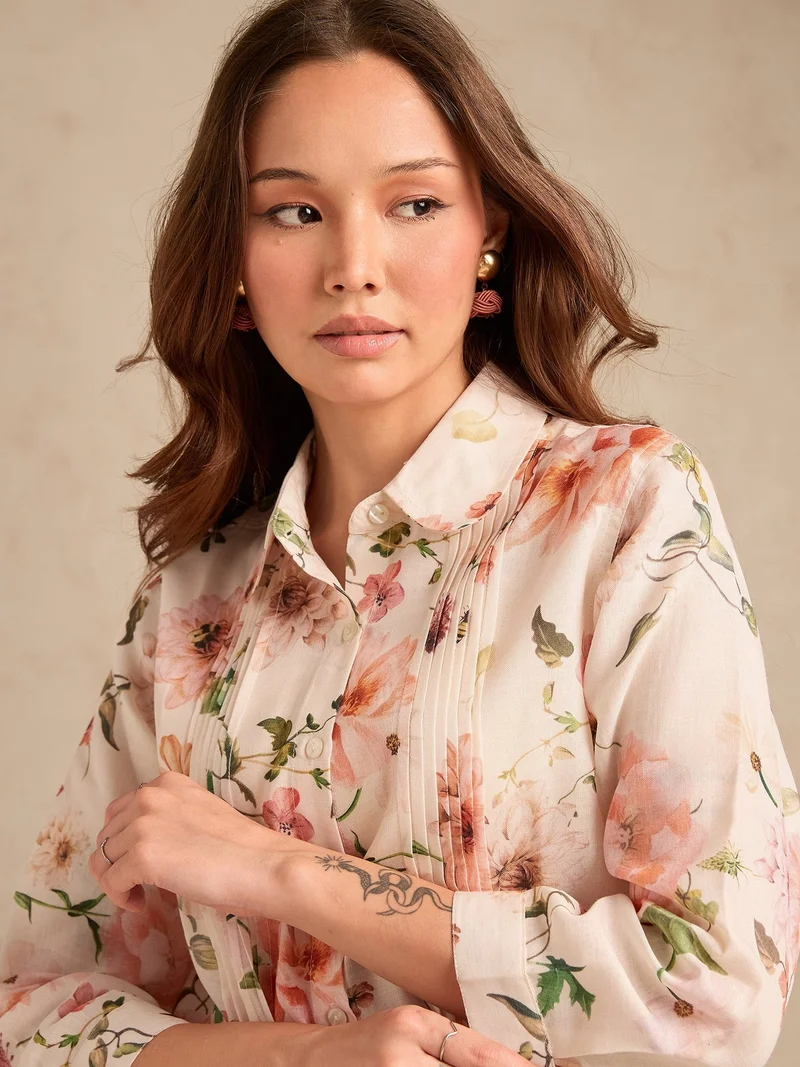 Outzidr  Off-White Regular Fit Printed Shirt with Pintuck Details for Women | Best Price UAE