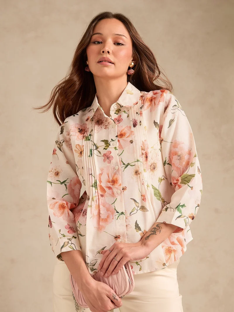 Outzidr  Off-White Regular Fit Printed Shirt with Pintuck Details for Women | Best Price UAE